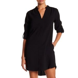 Lush Black Shirt Dress High-low Hem Split Neck 3/4 Rolled Sleeves Pockets Size M